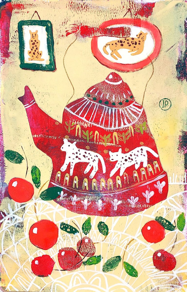 Impressionistic Animal Acrylic Painting By Irina Plaksina, 8 X 12, Tea With Cheetahs, Original Artwork