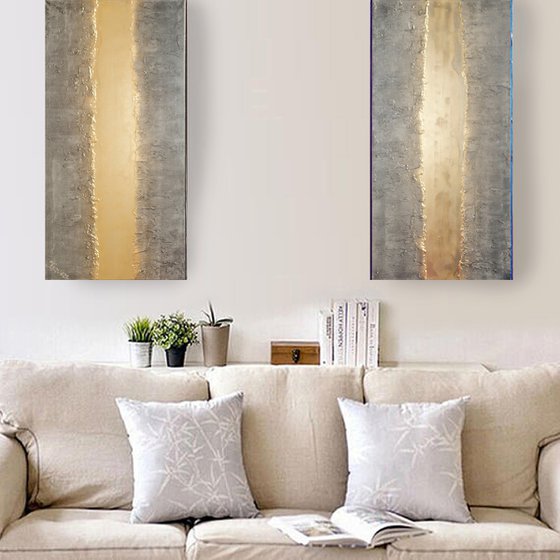 gold stripe & steel long painting A719 50x200x2 cm decor Vertical original abstract art Large paintings stretched canvas acrylic art industrial metallic textured wall art