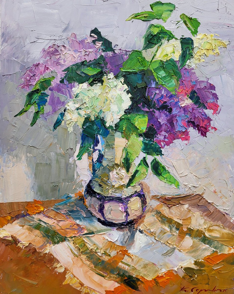 Impressionistic Still Life Oil Painting By Boris Serdyuk, 16 X 20, Lilac In A Flowerpot, Original Artwork