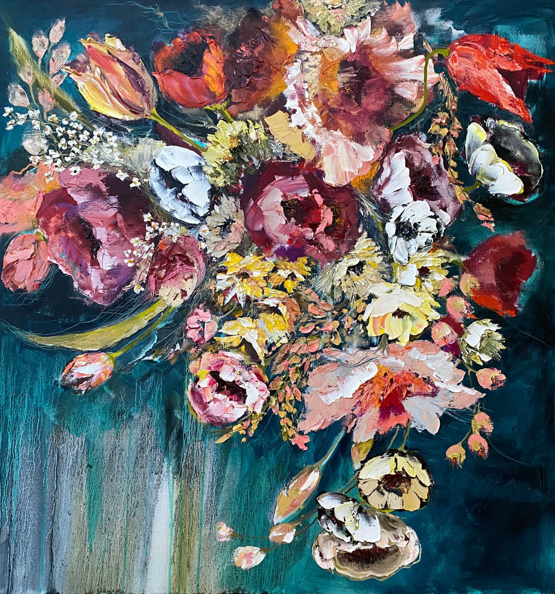 Emerald floral bloom original painting on canvas by Oksana Petrova