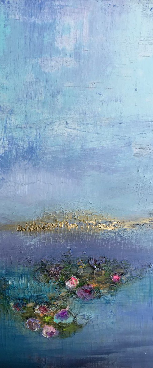 Water lilies 2 abstract impressionistic floral soft blue and purple hues with gold leaf by Henrieta Angel