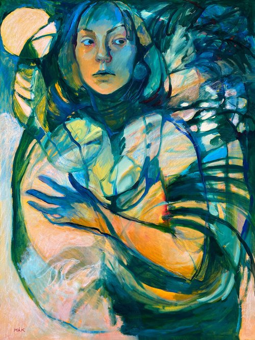 JUNGLE (CREEPING TO THE WORLD FAME) - expressive figurative artwork with a woman in jungle in green, navy and emerald colour by Irene Makarova