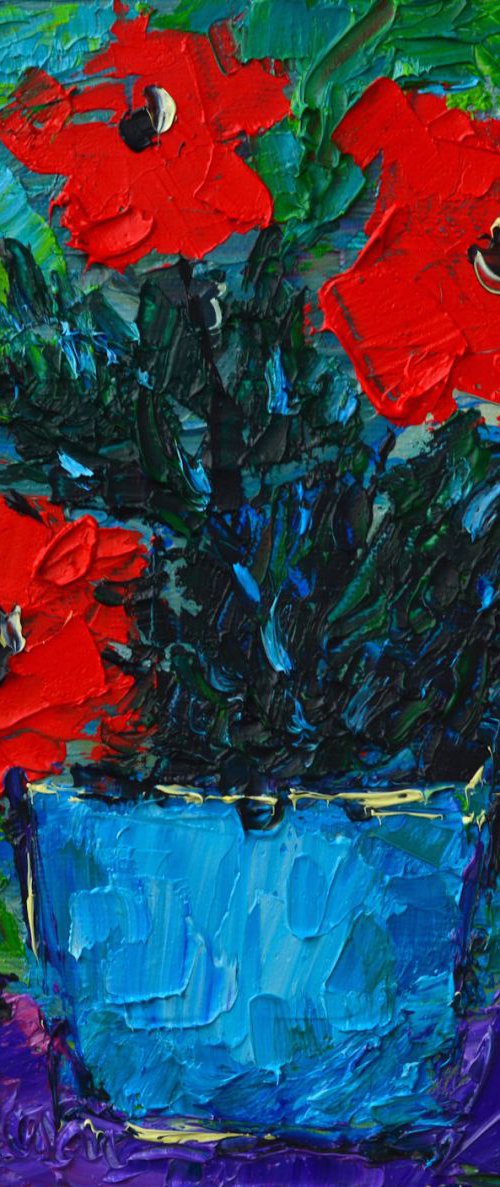RED WILDFLOWERS IN BLUE POT - abstract modern impressionist floral miniature original palette knife oil painting by ANA MARIA EDULESCU