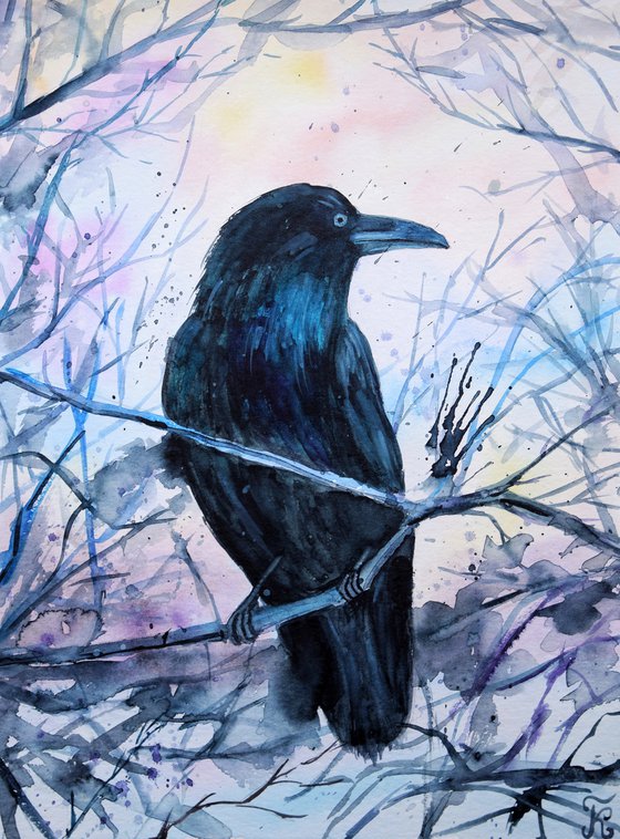 Raven watercolor painting, black crow wall art, gothic home decor, Halloween gift