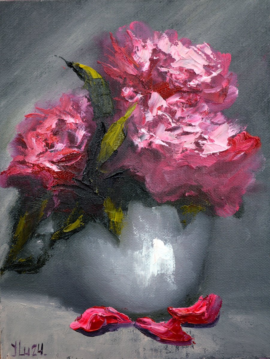 Expressive Still Life Oil Painting By Elena Lukina, 7 X 9, Peonies 24X18, Original Artwork