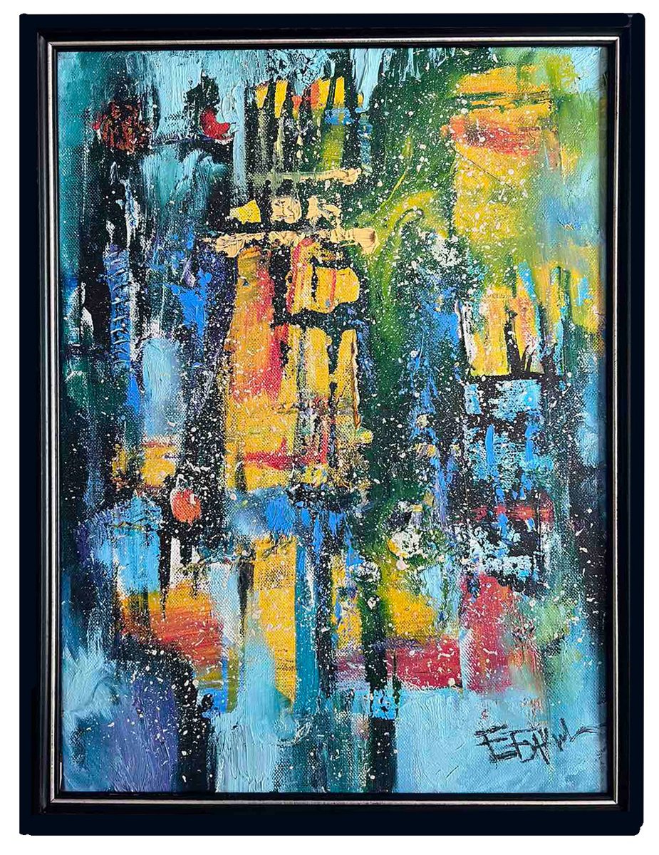 Organic Abstract Oil Painting By Eleonora Bakalova, 15 X 20, Winter Night In Lights, Original Artwork