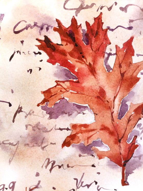Autumn letter original watercolor artwork red oak leaf
