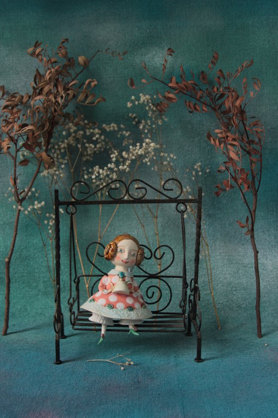 Little Girl with a teapot. Hanging sculpture, bell doll by Elya Yalonetski