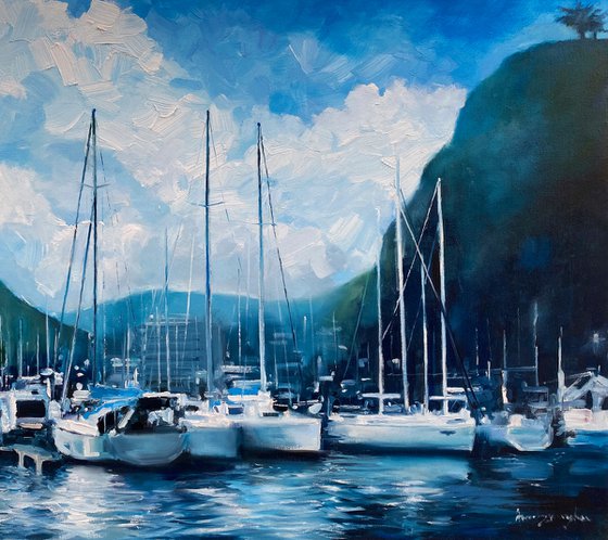 "Yachts Harbor"original oil painting by Artem Grunyka