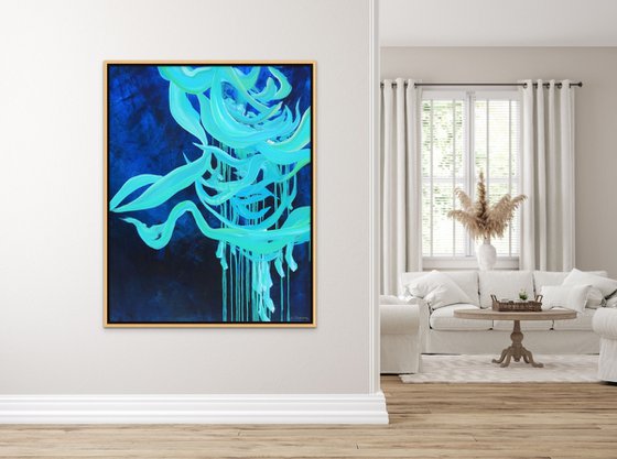 FREE FLOW. Teal, Navy, Blue Contemporary Abstract Seascape, Ocean Painting. Modern Textured Art