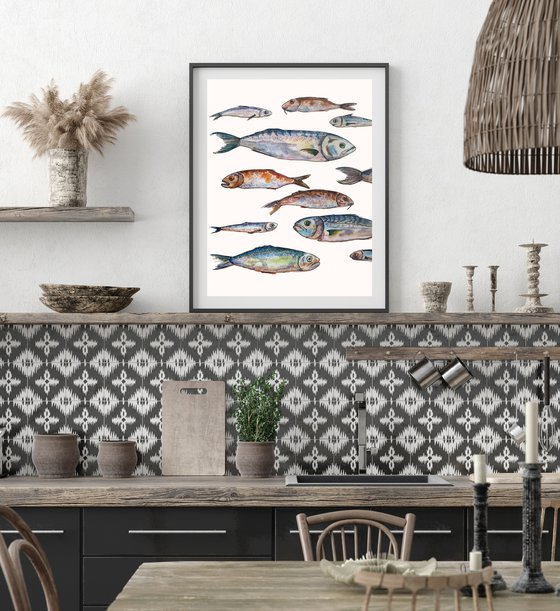 Set of fish - original seafood watercolor paintink and ink graphic