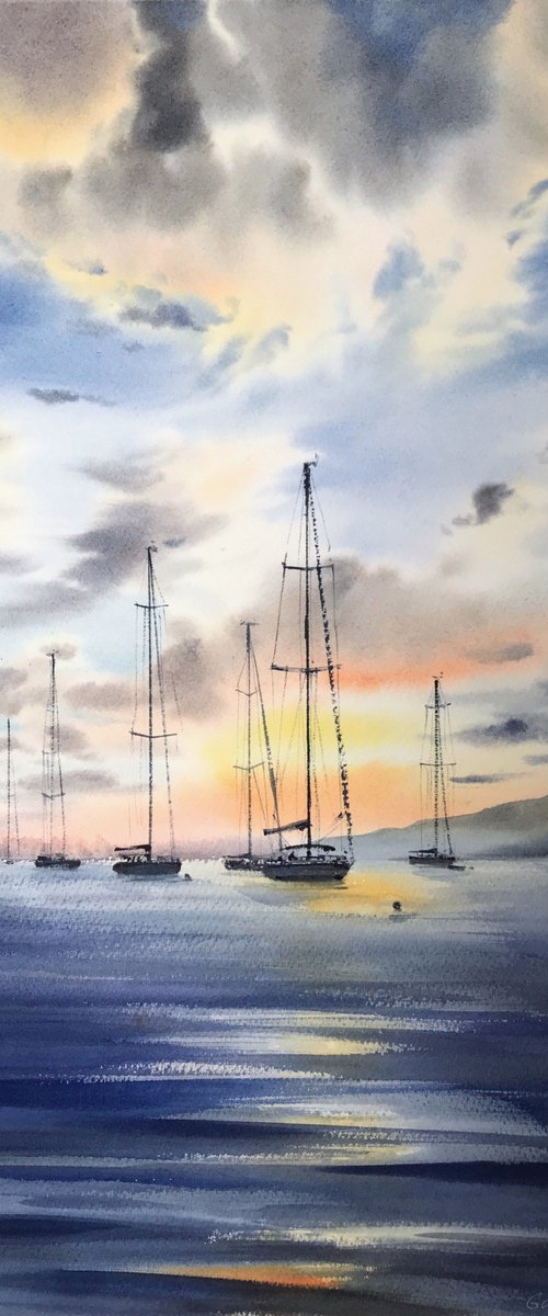 Yachts at sunset #6 by Eugenia Gorbacheva