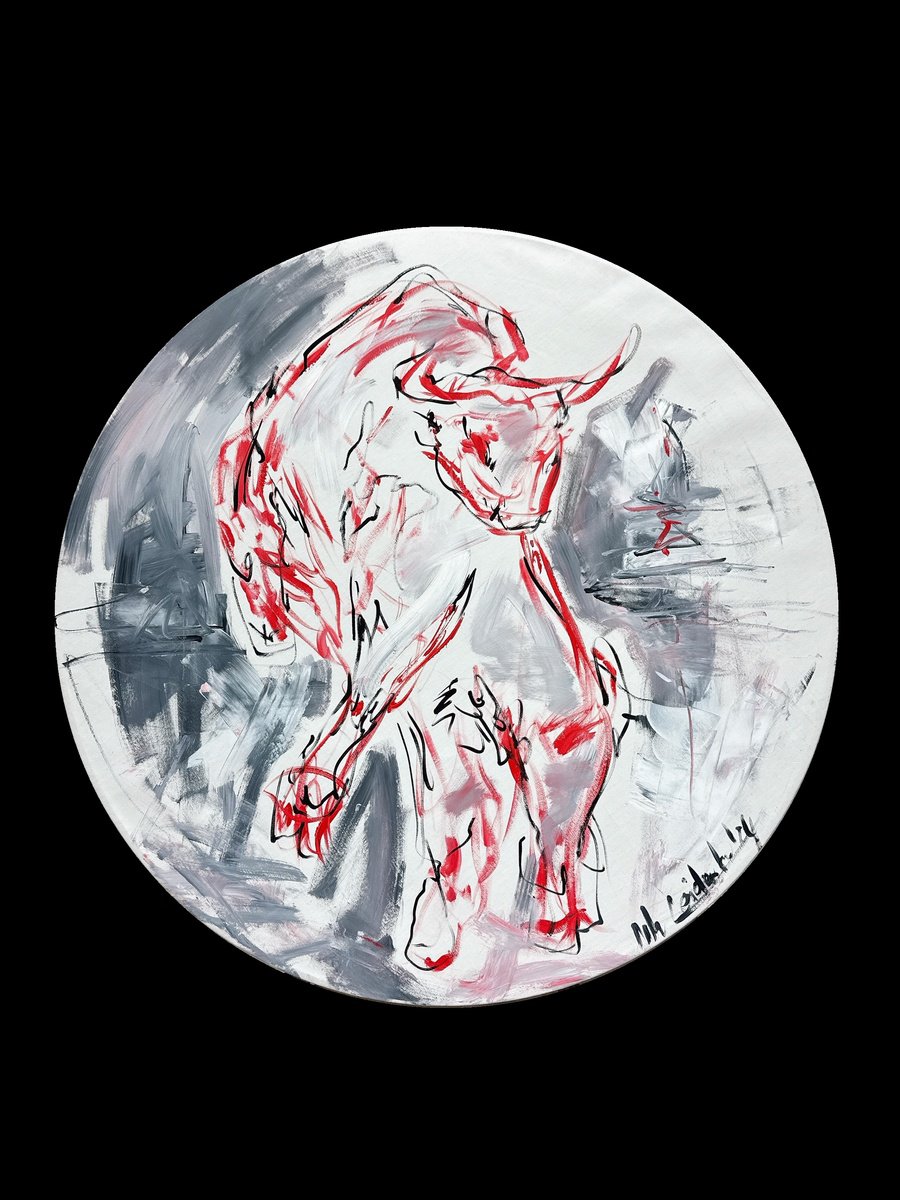 Expressive Animal Acrylic Painting By Nicole Leidenfrost, 43 X 43", Red Bull At The Inselsberg, Original Artwork