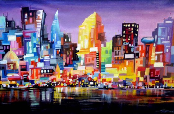 Night Abstract Cityscape-Acrylic on Canvas Painting Acrylic painting by  Samiran Sarkar