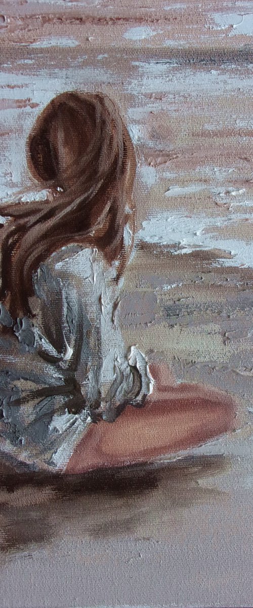 " YESTERDAYS " SUN SKY SEA SAND liGHt  ORIGINAL OIL PAINTING, GIFT, PALETTE KNIFE by Monika Luniak