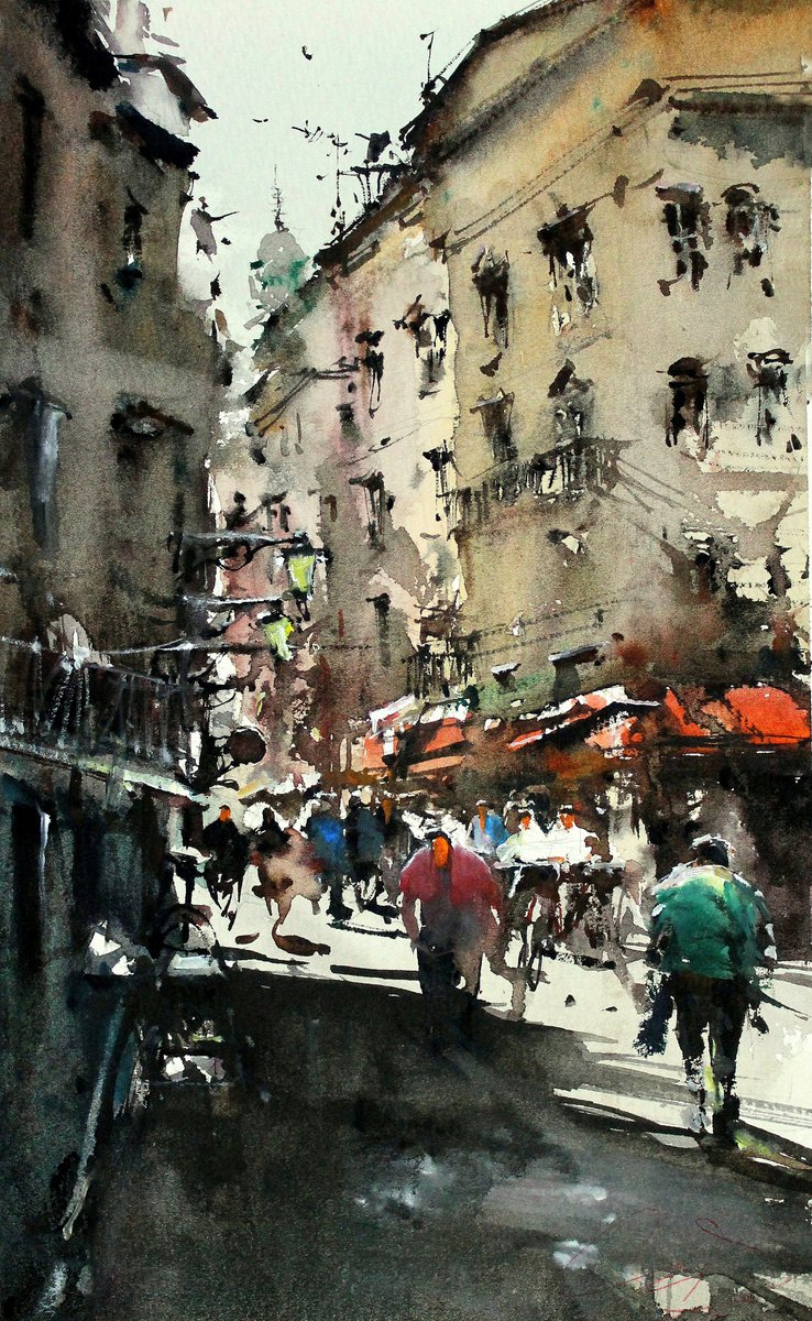 Impressionistic Cityscapes Watercolour By Maximo Damico, 8 X 13", Prague Streets, Original Artwork