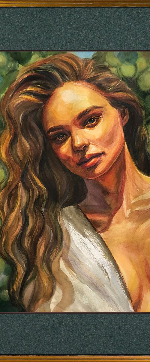 AND THE SUN THAT SHINES, a warm summer portrait of a woman model in watercolor by Nastia Fortune
