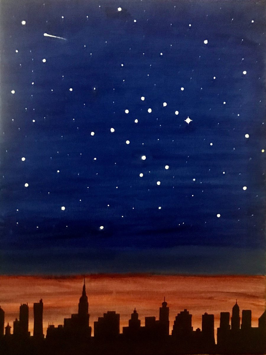 Photorealistic Cityscapes Oil Painting By Leslie Dannenberg, 18 X 24", Nyc Silhouettes And Stars, Original Artwork