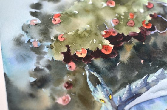 Watercolor Blue Dragon under the apple tree