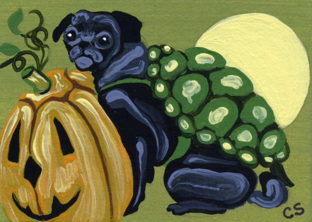 ACEO ATC Original Painting Halloween Black Pug Turtle Pet Dog Art-Carla Smale by carla smale