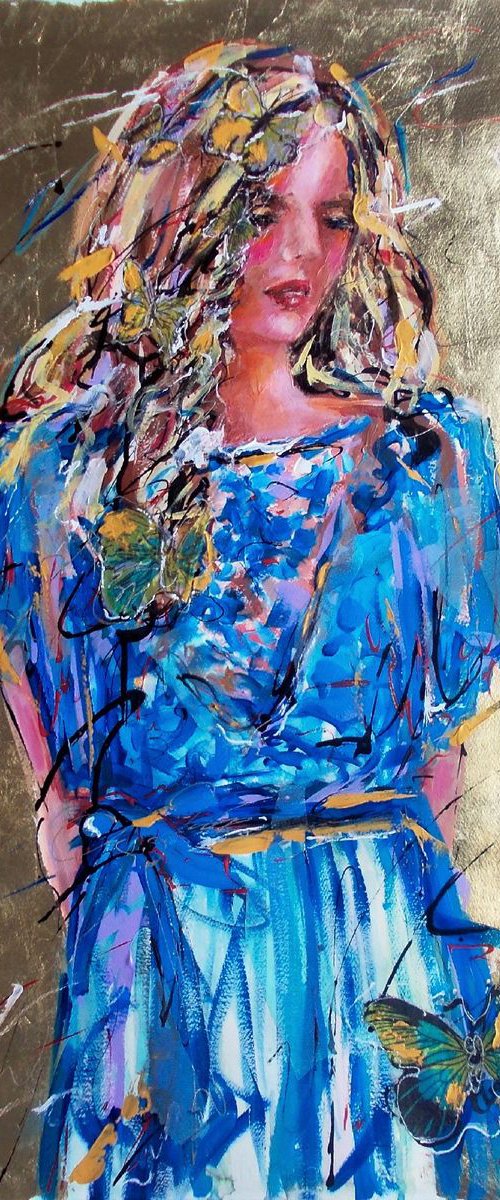 Butterflies In Her Hair -Woman Acrylic Mixed Media  Painting on Paper by Antigoni Tziora