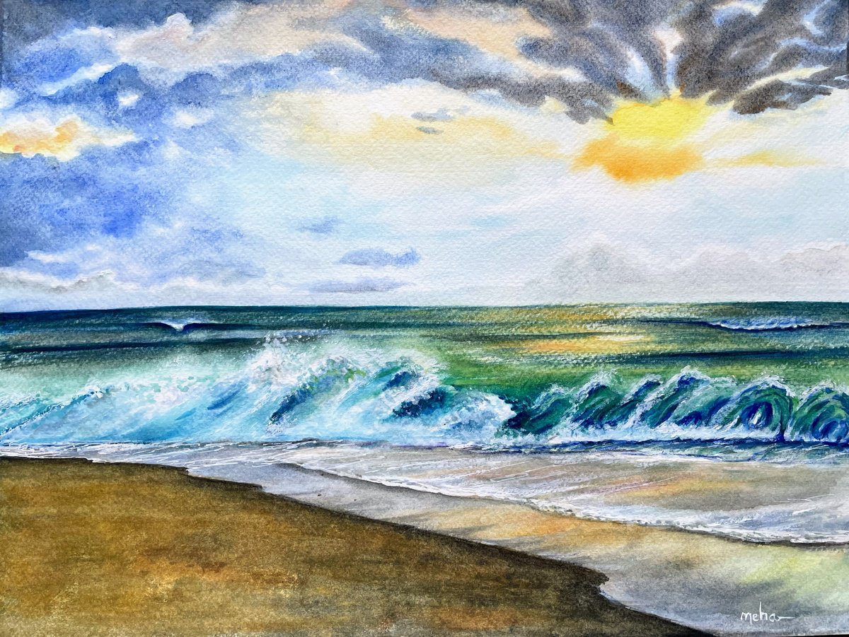 Impressionistic Landscape Watercolour By Neha Soni, 16 X 12", Sea Sunset, Original Artwork
