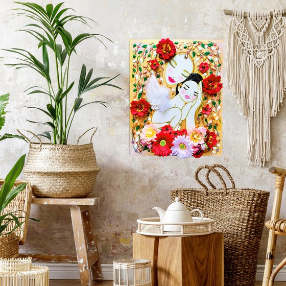 Love Mother Earth and angel baby girl. Summer floral woman with pink red gerbera flowers