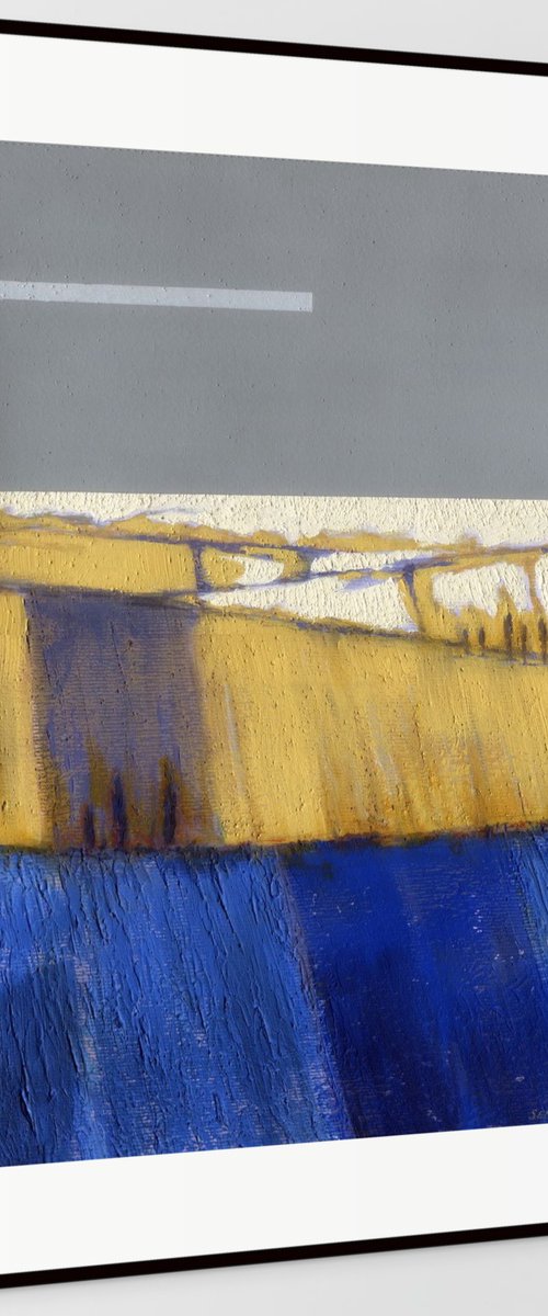 Blue, Ochre and Gray Abstract by Evgen Semenyuk