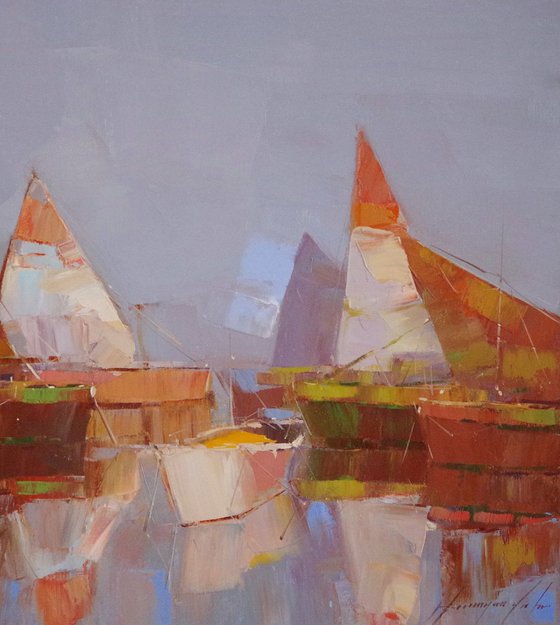 Sail Boats, Seascape Original oil painting, Handmade artwork, One of a kind