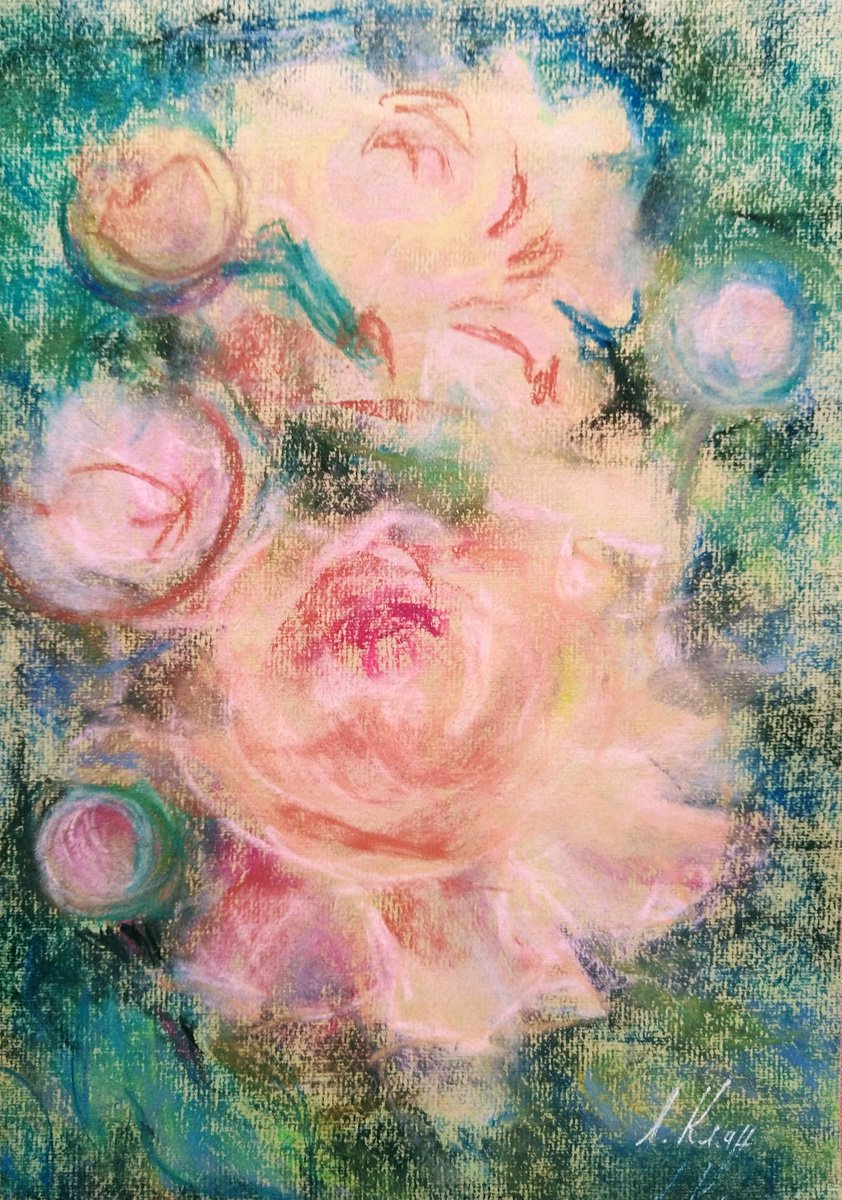 Impressionistic Still Life Pastel Drawing By Elena Klyan, 8 X 12, Roses Original Pastel, Original Artwork