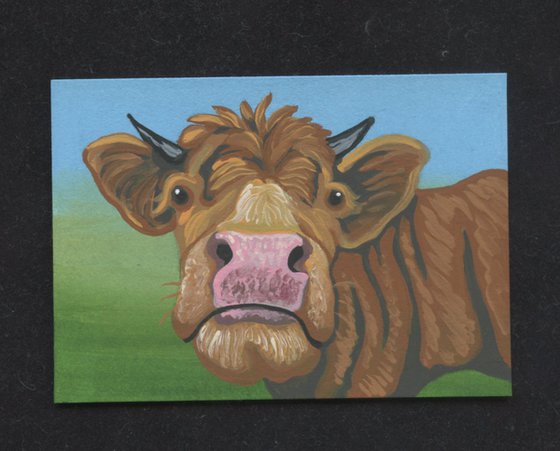 ACEO ATC Original Miniature Painting Brown Cow Farmyard Art-Carla Smale