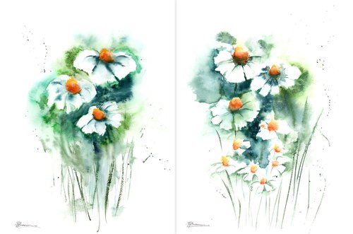 Set of 2 Daisies Flowers Paintings by Olga Shefranov (Tchefranov)
