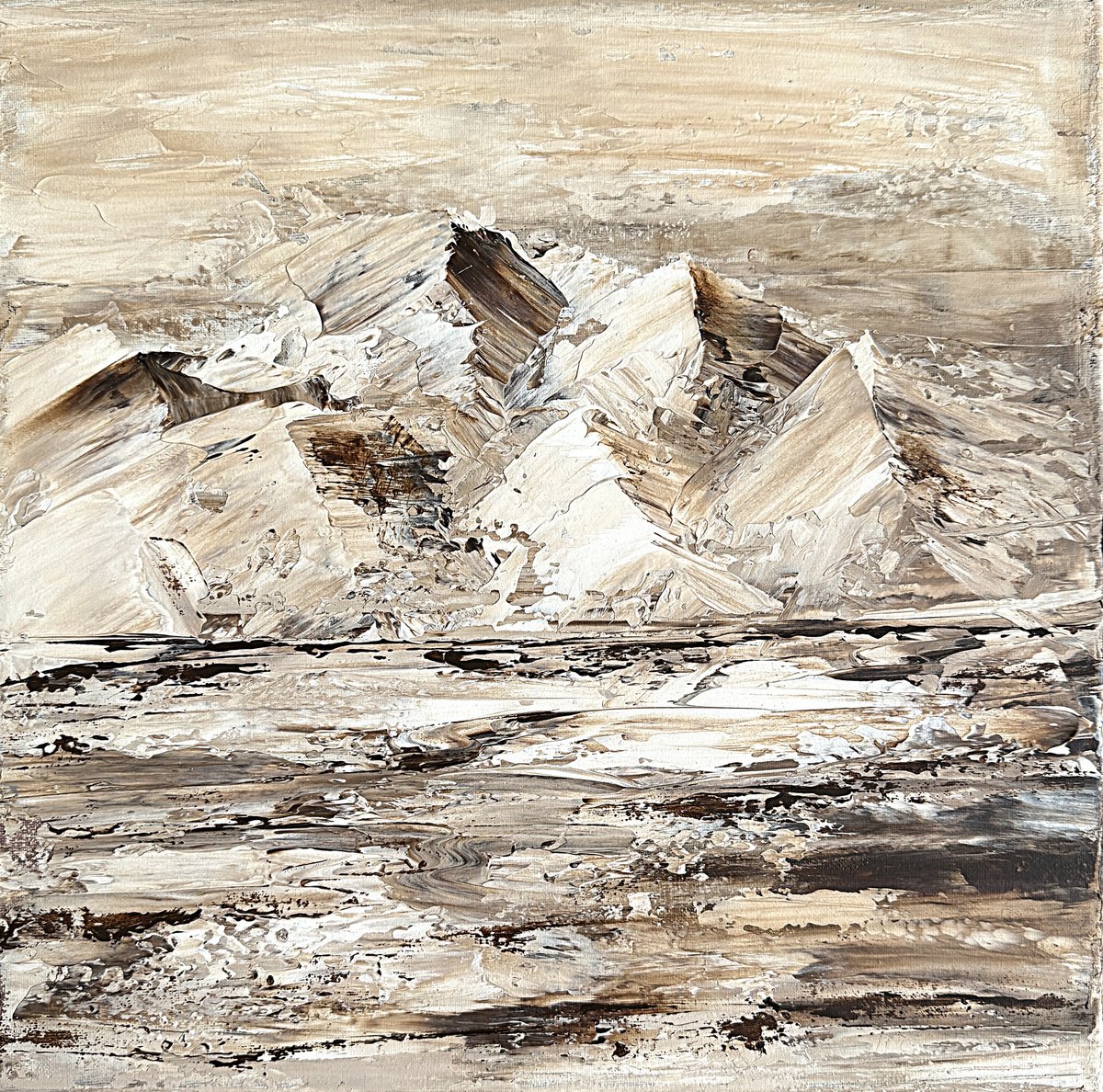 Organic Landscape Acrylic Painting By Tatiana Malinovscaia, 16 X 16", Textured Peaks In Earth Tones, Original Artwork