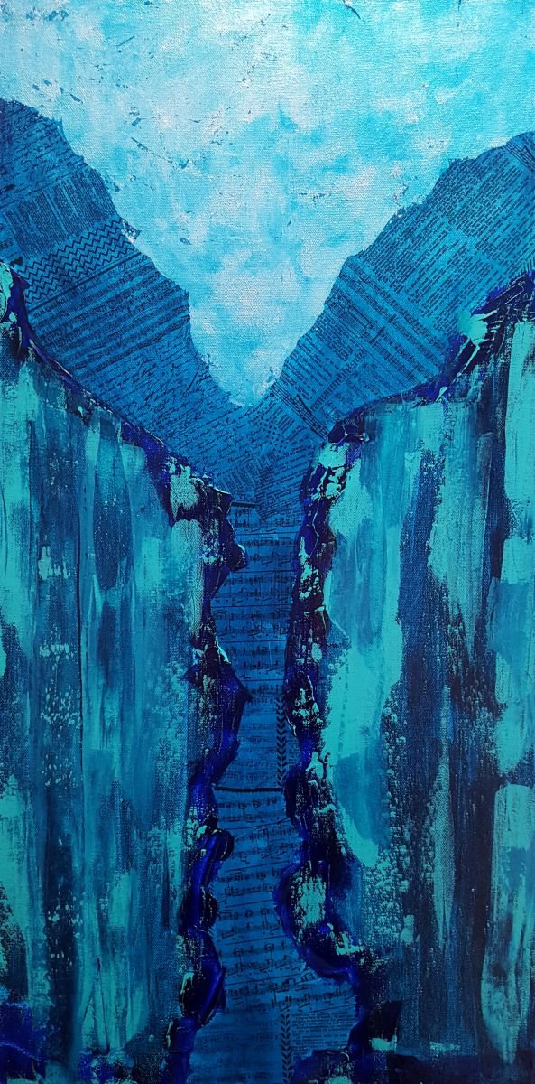 Abstract Painting By Cathy Maiorano, 15 X 30, Cool Water, Original Artwork