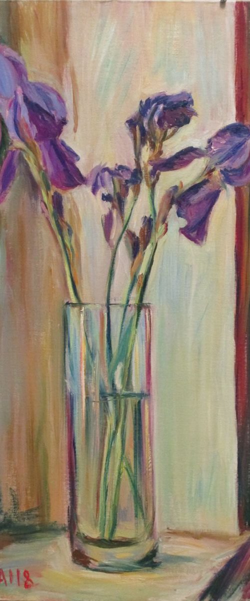 Purple irises in a long vase by Alexander Shvyrkov