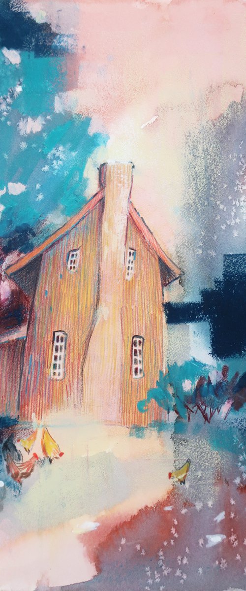 Lovely english house with chickens. Watercolor abstract landscape by Alla Vlaskina
