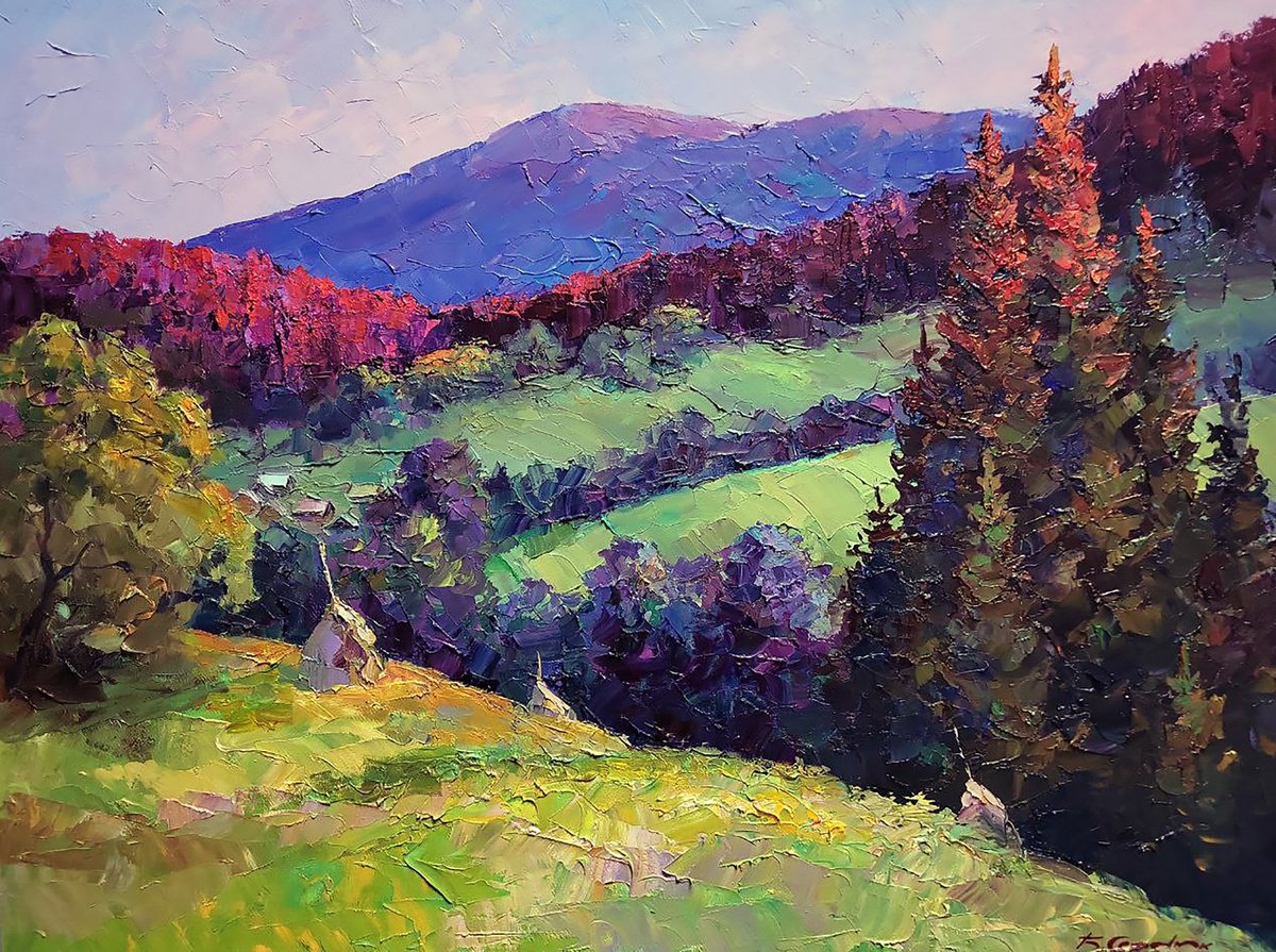 Impressionistic Landscape Oil Painting By Boris Serdyuk, 31 X 24, Evening In The Mountains, Original Artwork