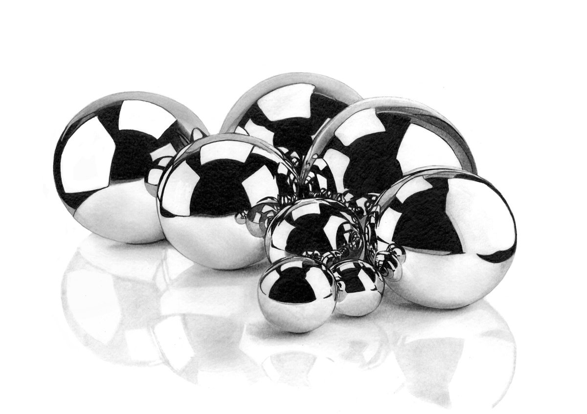 Photorealistic Pencil Drawing , Chrome Balls By Paul Stowe, 18 X 13, Artwork For Sale On Artfinder