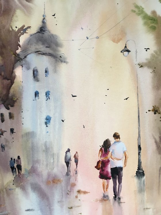 Watercolor “Autumn feeling.Romance” SOLD