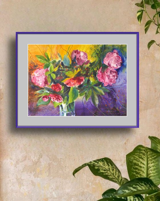 Peonies Watercolor Painting Loose Floral Bunch