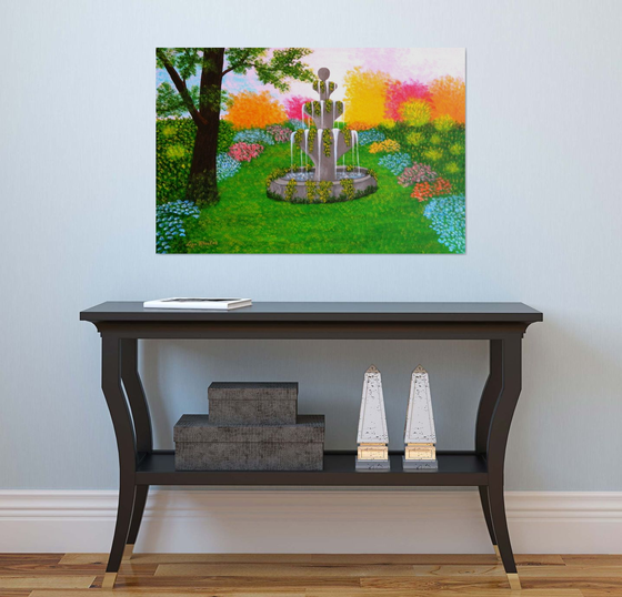 Make A Wish - large wild garden landscape; spring blossoms; wishing fountain; home, office decor; gift idea