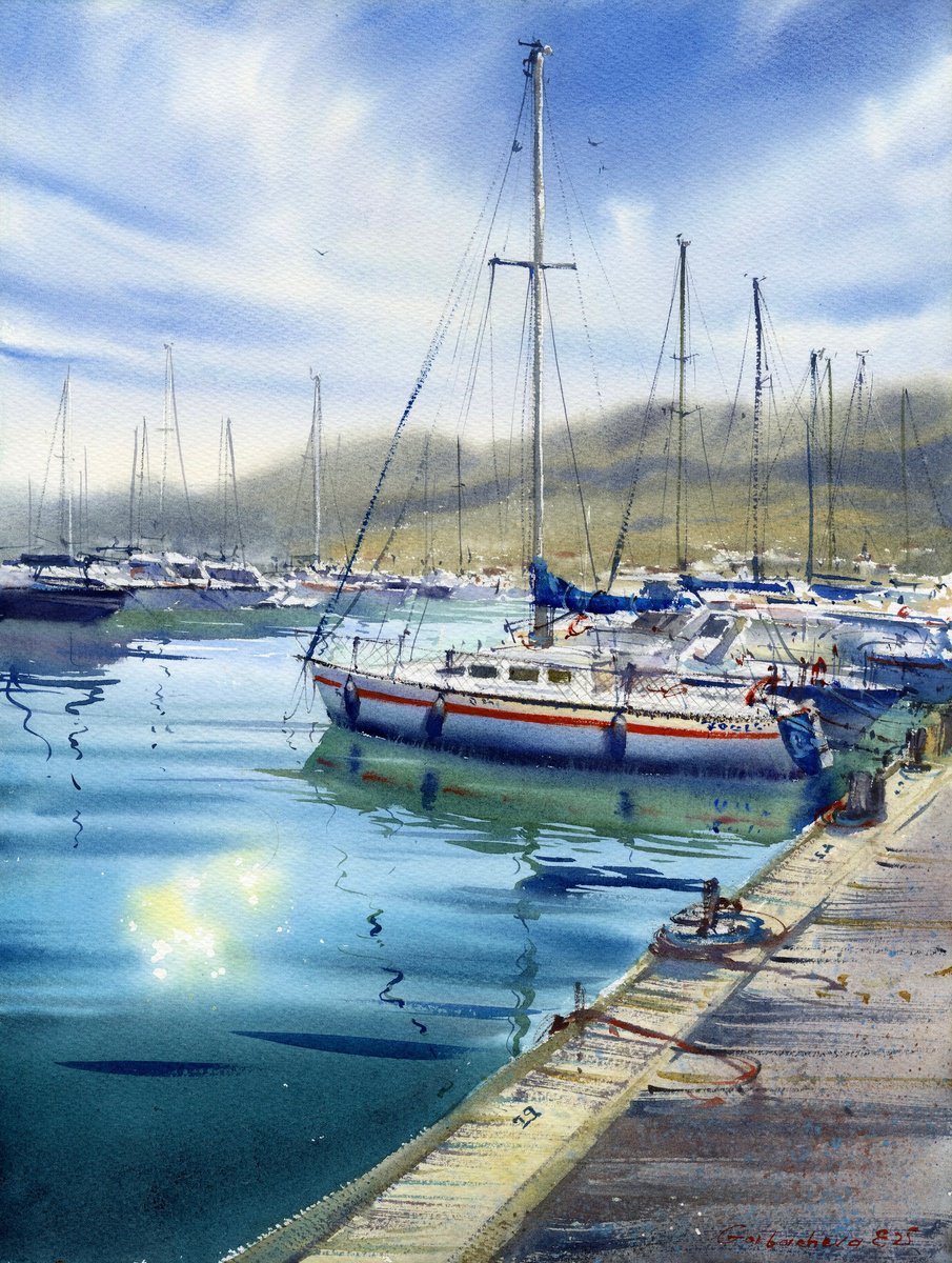 Impressionistic Landscape Watercolour By Eugenia Gorbacheva, 12 X 16, Anchored In Silence, Original Artwork