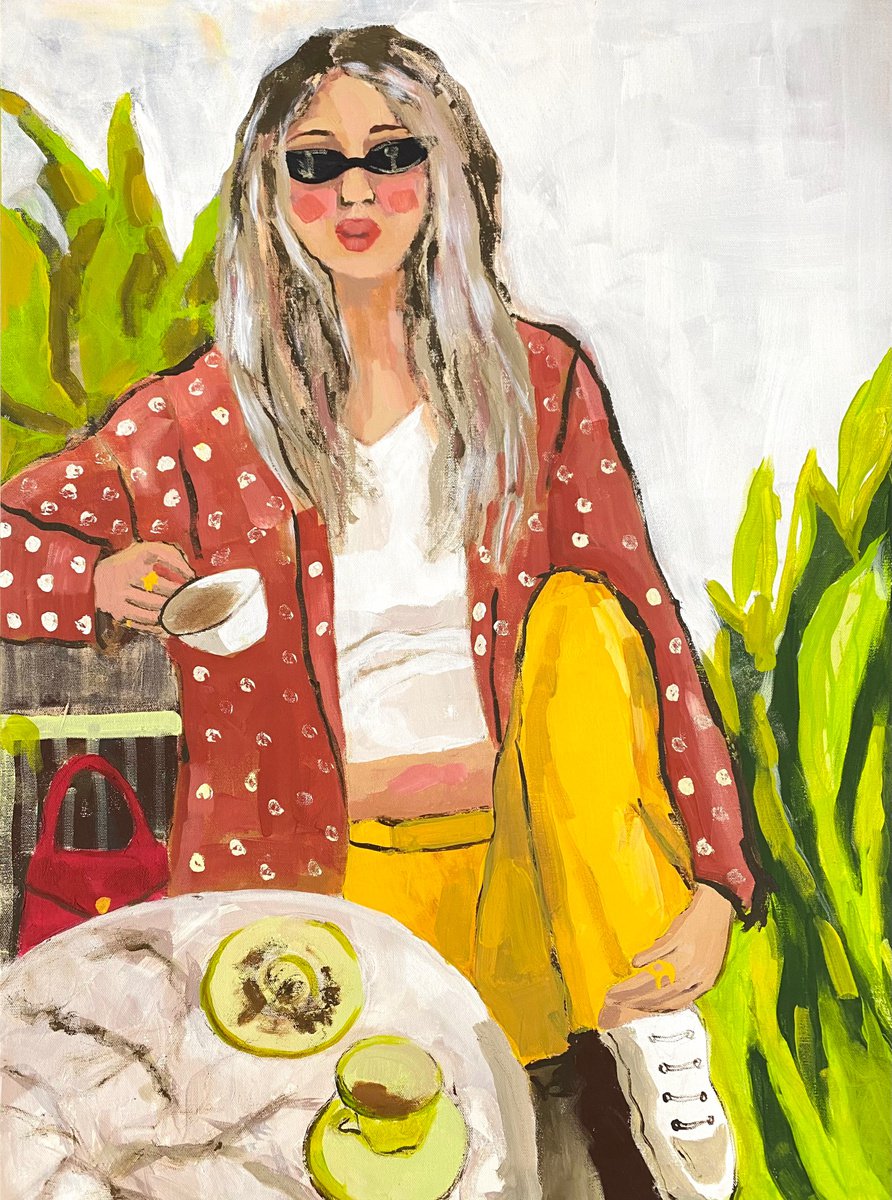 Late breakfast - girl painting, coffee time art, coffee and girl, blonde girl, fashion p... by Ksenia Kozhakhanova
