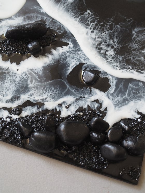 Black stones beach - original textured artwork, epoxy resin on board
