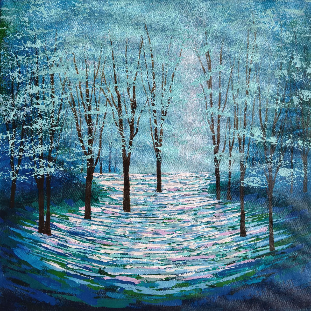 Impressionistic Landscape Acrylic Painting By Amanda Horvath, 12 X 12, Blue Treasure Wood, Original Artwork