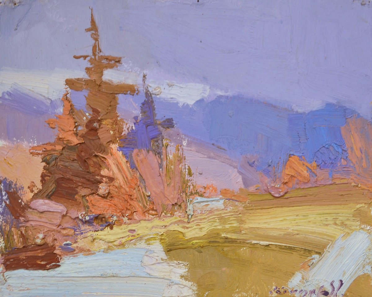 Impressionistic Landscape Oil Painting By Alexander Shandor, 10 X 8, Old Spruce, Original Artwork