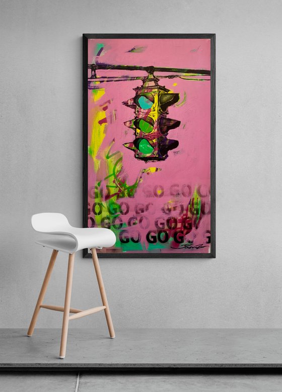 Pink vertical painting - "GO" - Pop Art - Street Art - Traffic light - Urban Art