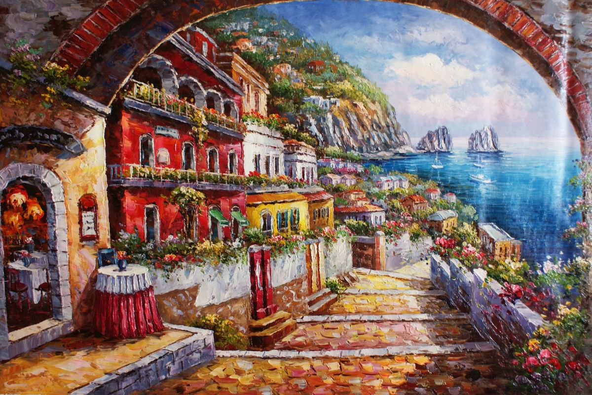 Santorini . Canvas/Oil. Size 60x90 cm by Thomas Wu