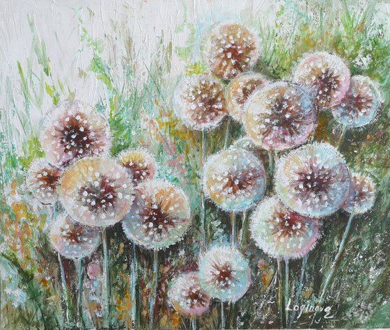 Dandelions flowers painting, Textural painting on canvas