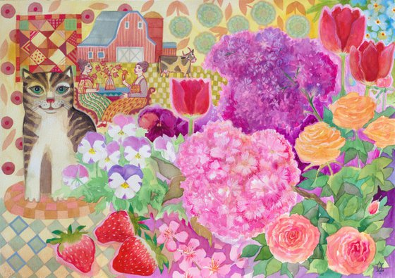 Summer Garden with Cat and Red Barn